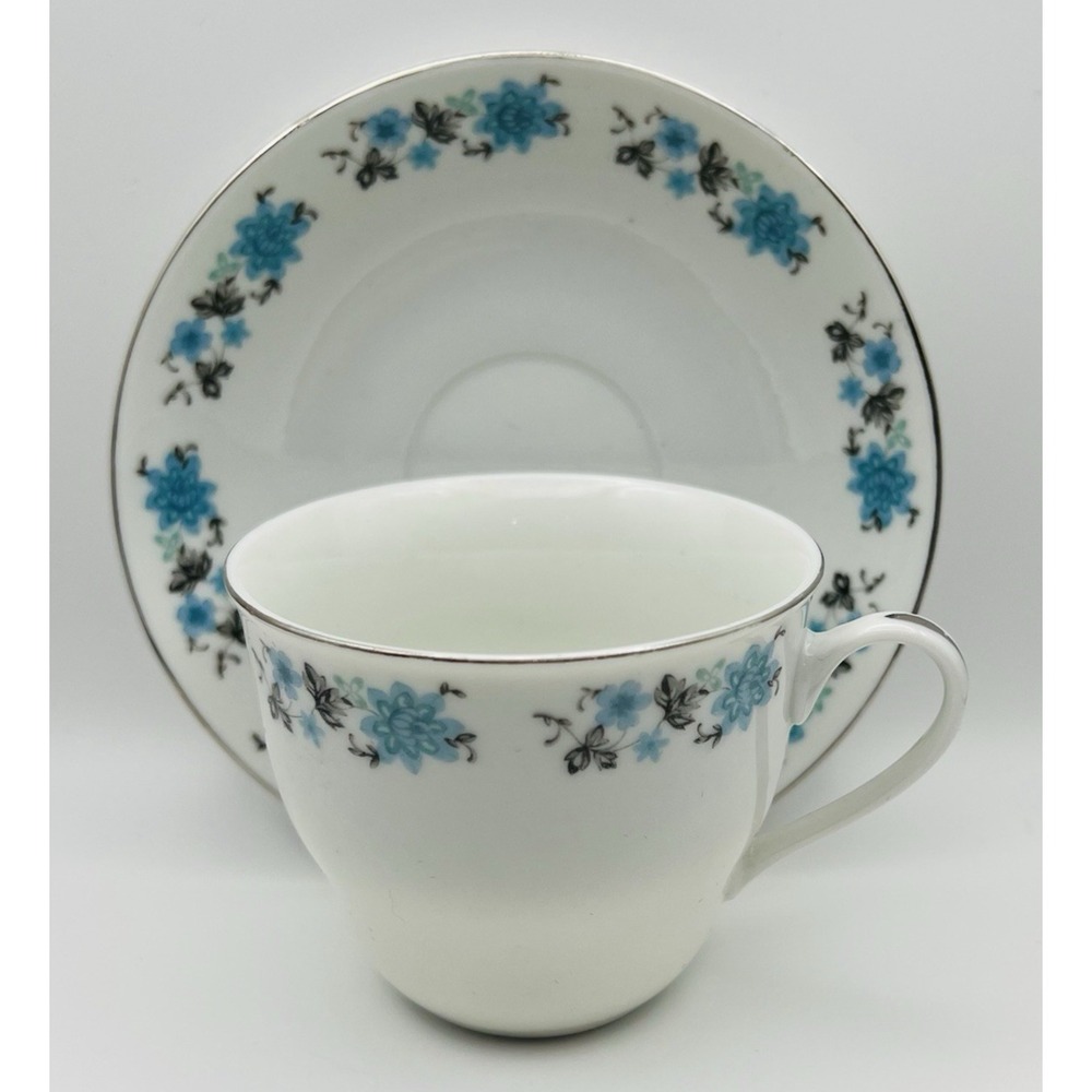 Vintage China Teacup Saucer Blue Silver Floral Porcelain Cottagecore Tea Set